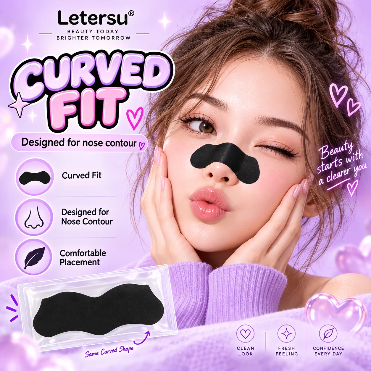 10PCS Charcoal Nose Pore Strips, Deep Cleansing Blackhead Nose Patches, Smooth Look Curved Fit Easy Use for Men Women
