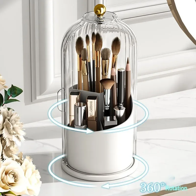 Clear Acrylic Makeup Brush Holder 360° Rotating with Lid Eyebrow Pencil Holder Makeup Organizer Box Brush Storage Organizer