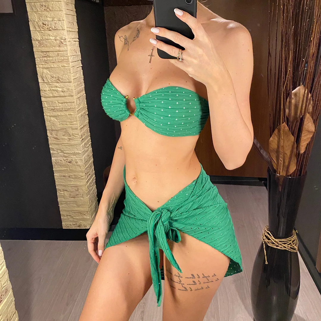 Sexy Bikini-Set mit Sarong-Bandeau, mittelhoher Taille, dreiteilig, Damen-Badeanzug, Badebekleidung, Badeanzug, Schwimmbekleidung V4242 – Detail 4