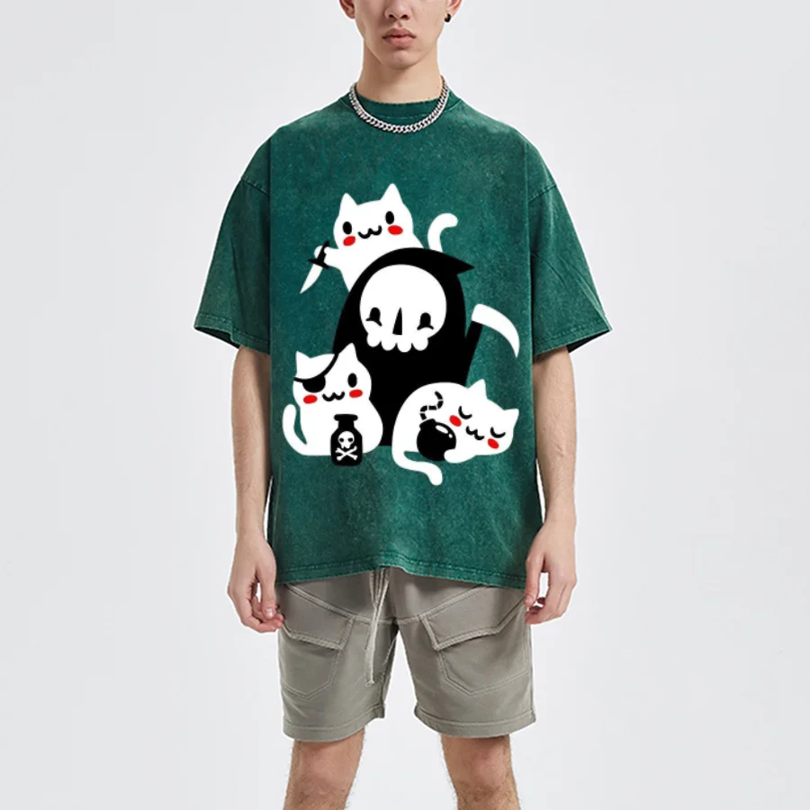 Cute Cats Graphic T-Shirt Men And Women Hoodie Washed Denim Pullover Oversize Short Sleeve Y2k Style Round Neck Designer Top