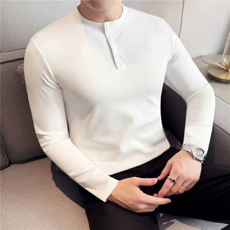 Men's Fashion Thicken Tights Stretch T-shirt, Slim Fit Henry Collar Long Sleeve Bottoming Shirt, All-Match Bottoming Shirt