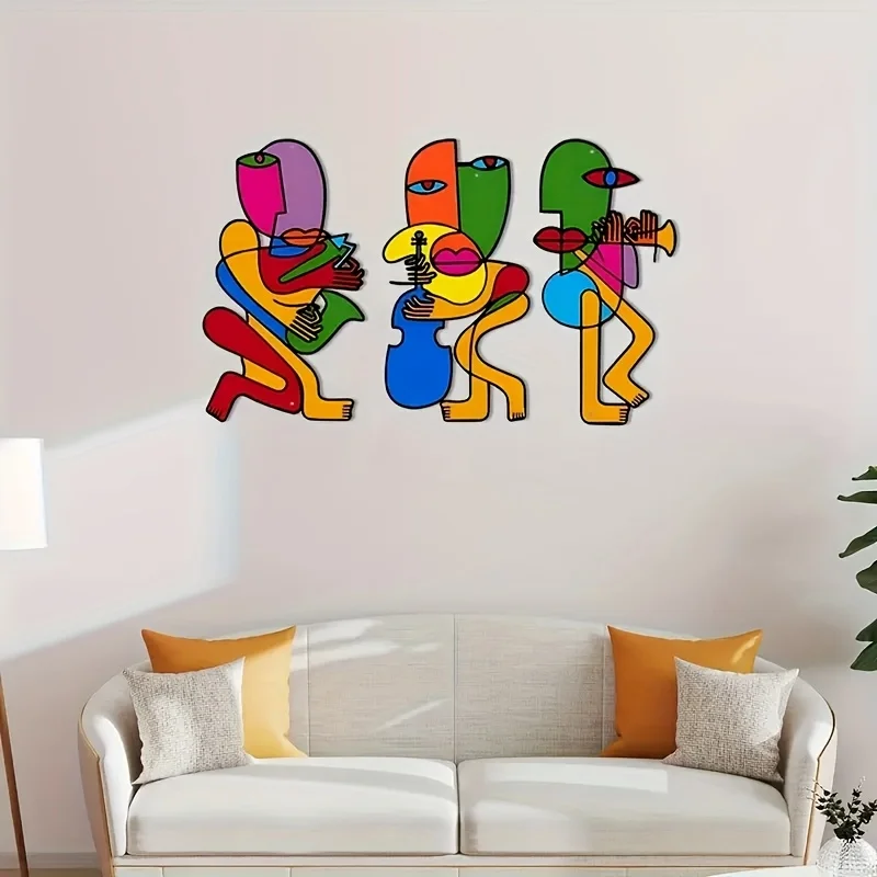 3 Pieces of Colorful Abstract Picasso-Style Metal Wall Sculptures 2D Flat Decoration, Colorful Abstract Picasso-Style Door and Wall Decoration, Farmhouse Living Room Bedroom Kitchen Wall Decoration, Outdoor Porch Balcony, Gift, Metal Artwork, 2D Flat view 2