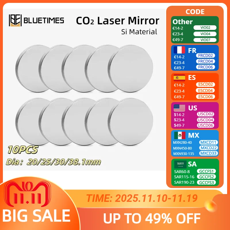 

Bluetimes CO2 Laser Reflector Silver Plated Silicon Reflector Dia.19/25/30/38.1mm for Laser Engraving and Cutting Machine