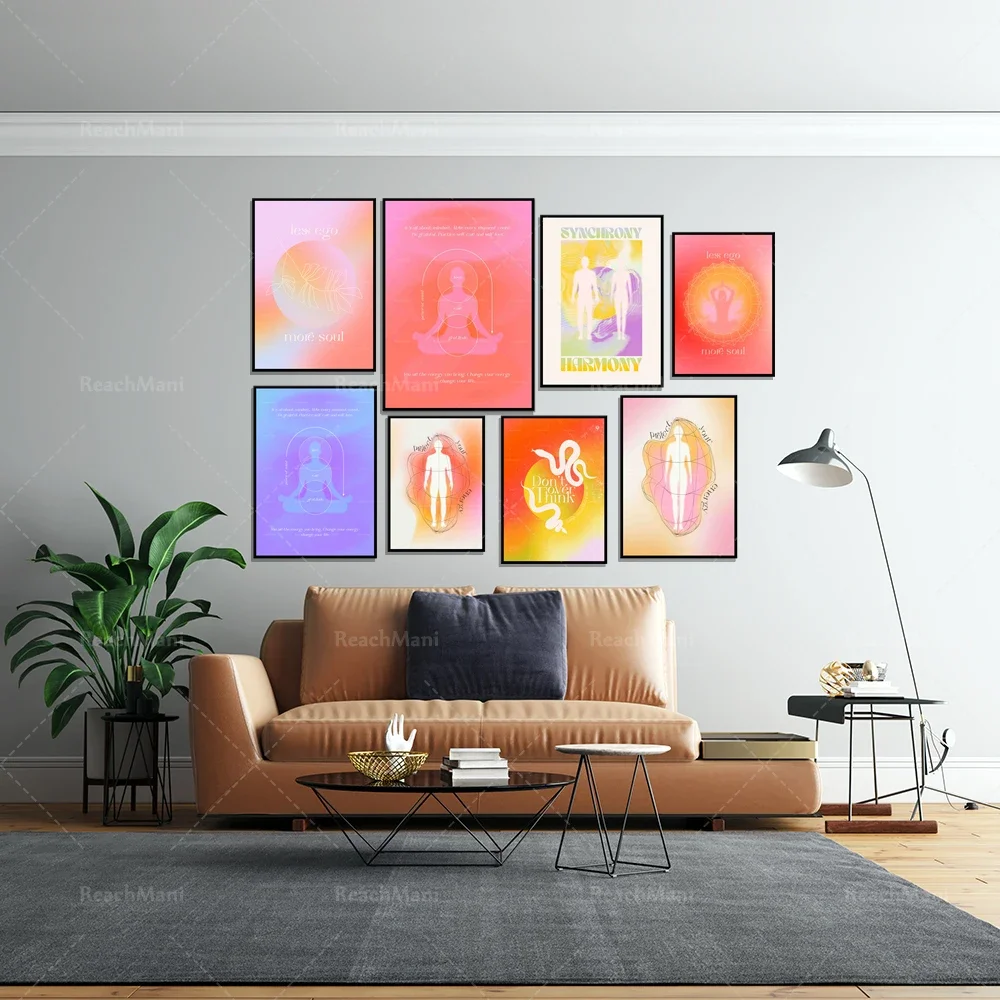 Halo poster, gradient retro poster, conscious quote, retro grainy gradient, less self but more soul, psychedelic decoration, 70s