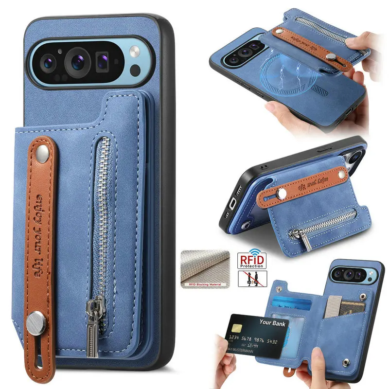 Image of Magnetisch abnehmbare 2-in-1 Leder-Kartenhülle für Google Pixel 11 10 9 Pro XL Pixel9 8 A 7A 8A 9A Pixel8 7 Reißverschluss-Brieftaschen-Rückabdeckung