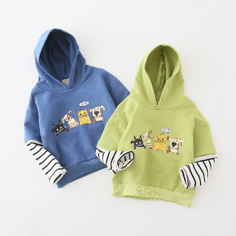 Kids' Color-Block Striped Cartoon Print Hooded Sweatshirt Spring Autumn Boys' Long Sleeve Pullover Hoodies Casual Top, Ages 2-7