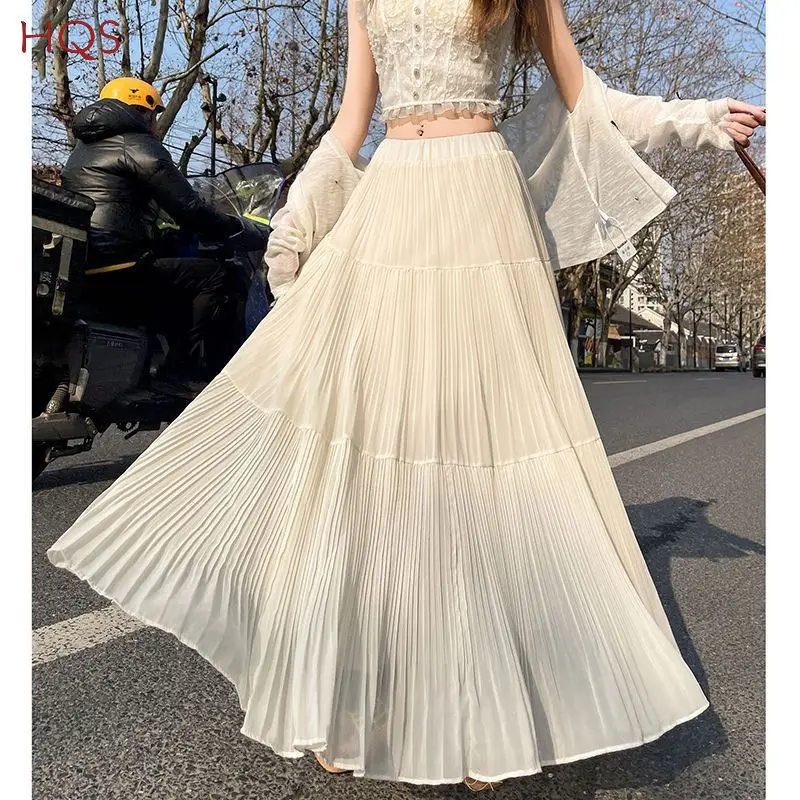 Pleated High Waist Maxi Skirt, A-Line Flared Long Skirt, Elastic Flowy Women S-XL
