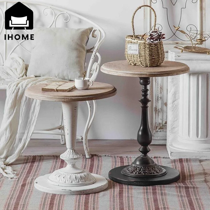 IHOME French Retro Log Small Round Table Solid Wood Round Table Leisure Balcony Small Tea Table Living Room Sofa Side Table 2024