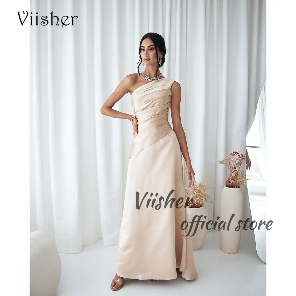 

Viisher Arabic Dubai One Shoulder Mermaid Evening Dresses Pleats Satin Long Formal Dress Floor Length Evening Party Gowns