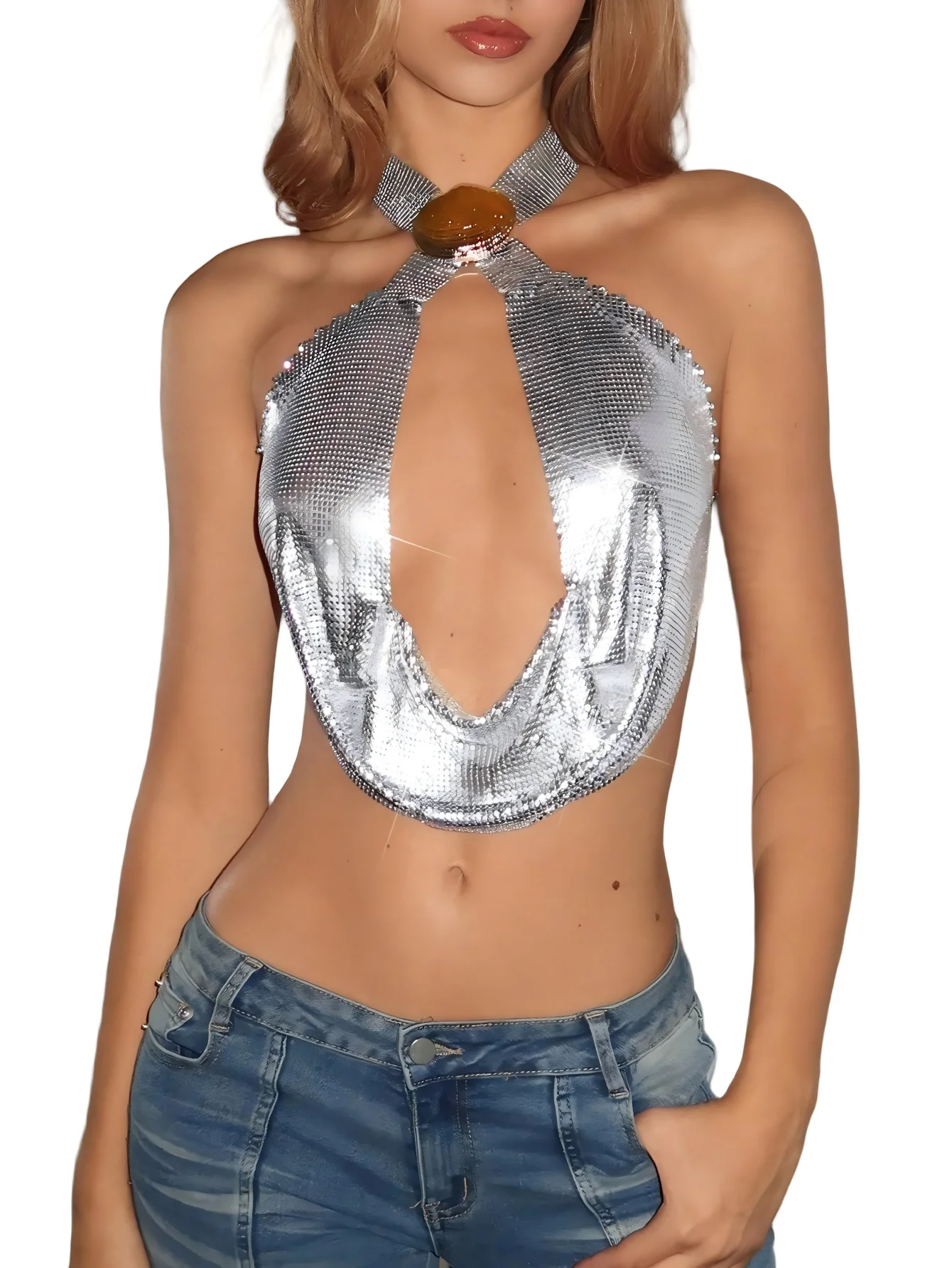 AKYZO European And American Sexy Women's Clothing Gold Shell Hanging Neck Top Nightclub Party Fashionable Women's Clothing