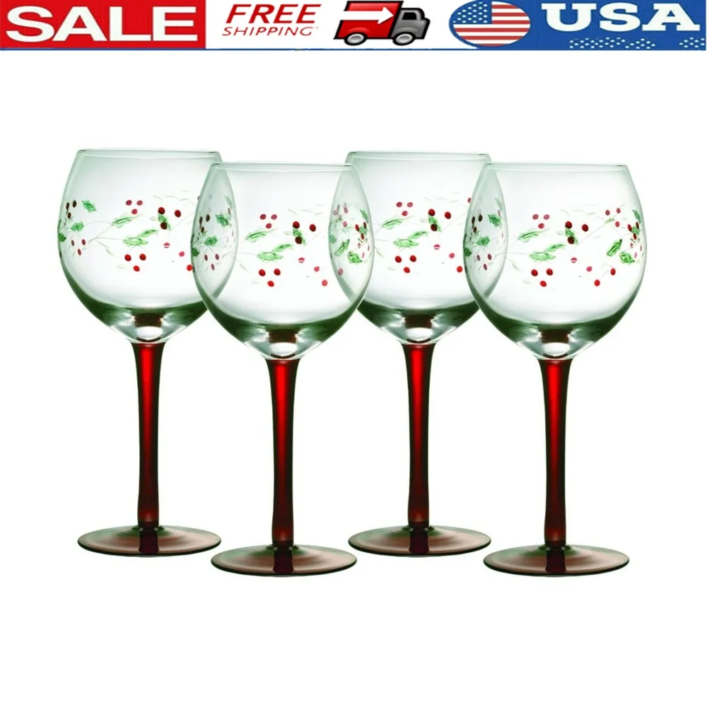 Copa de vino pintada a mano, juego de 4 copas entretenidas informales de 13oz, decoración perfecta para mesa de comedor de invierno, apto para microondas