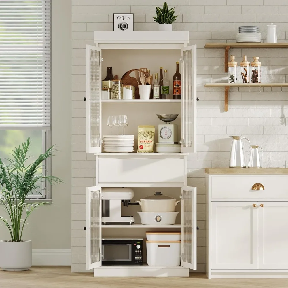 

Высокий шкаф для хранения с стеклянными дверцами, регулируемыми полками, отдельно стоящий, с выдвижными ящиками, для кухни, кладовой, ванной, столовой