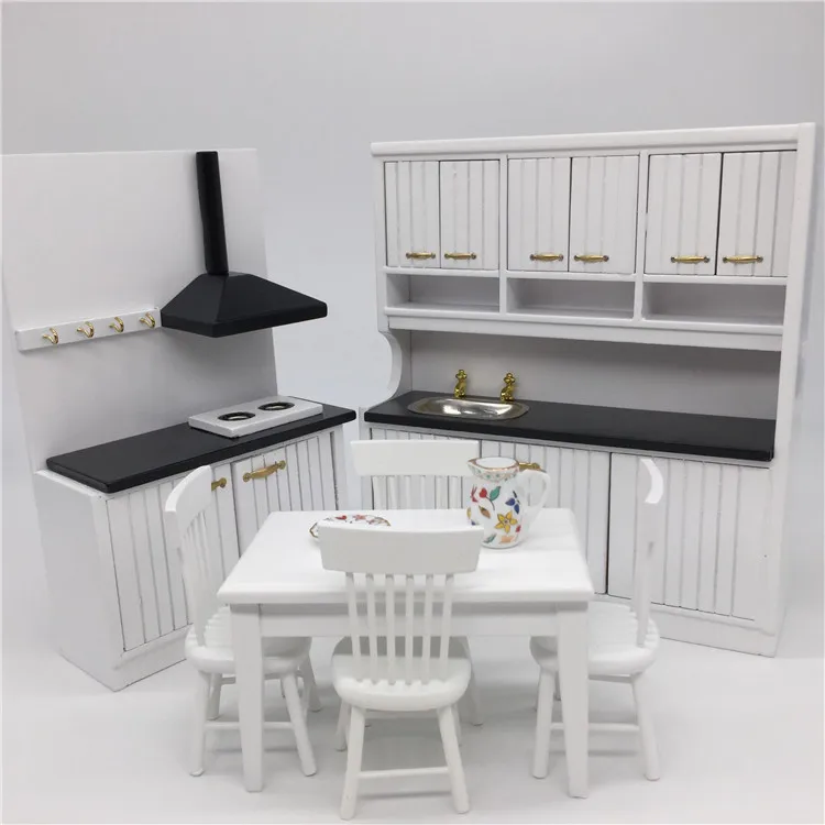 Mini mobiliário branco casa de bonecas, acessórios de cozinha, decoração, mesa e cadeira, geladeira, armário, 1:12