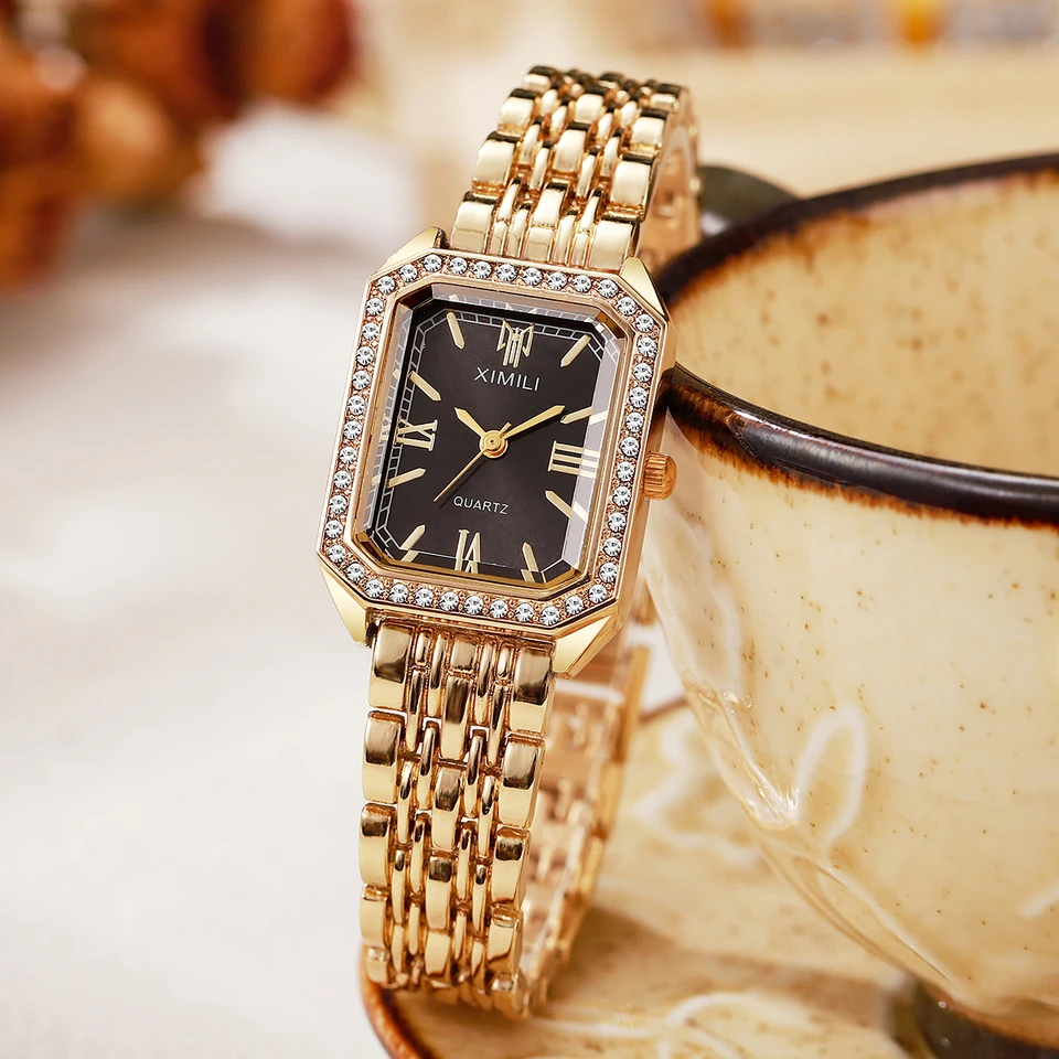 1pc Vintage Casual Gold Color Waterproof Rhinestone Alloy Ladies Quartz Watch, Amazon.com: JewelryWe Women Watches Gold Tone Alloy  main image 2