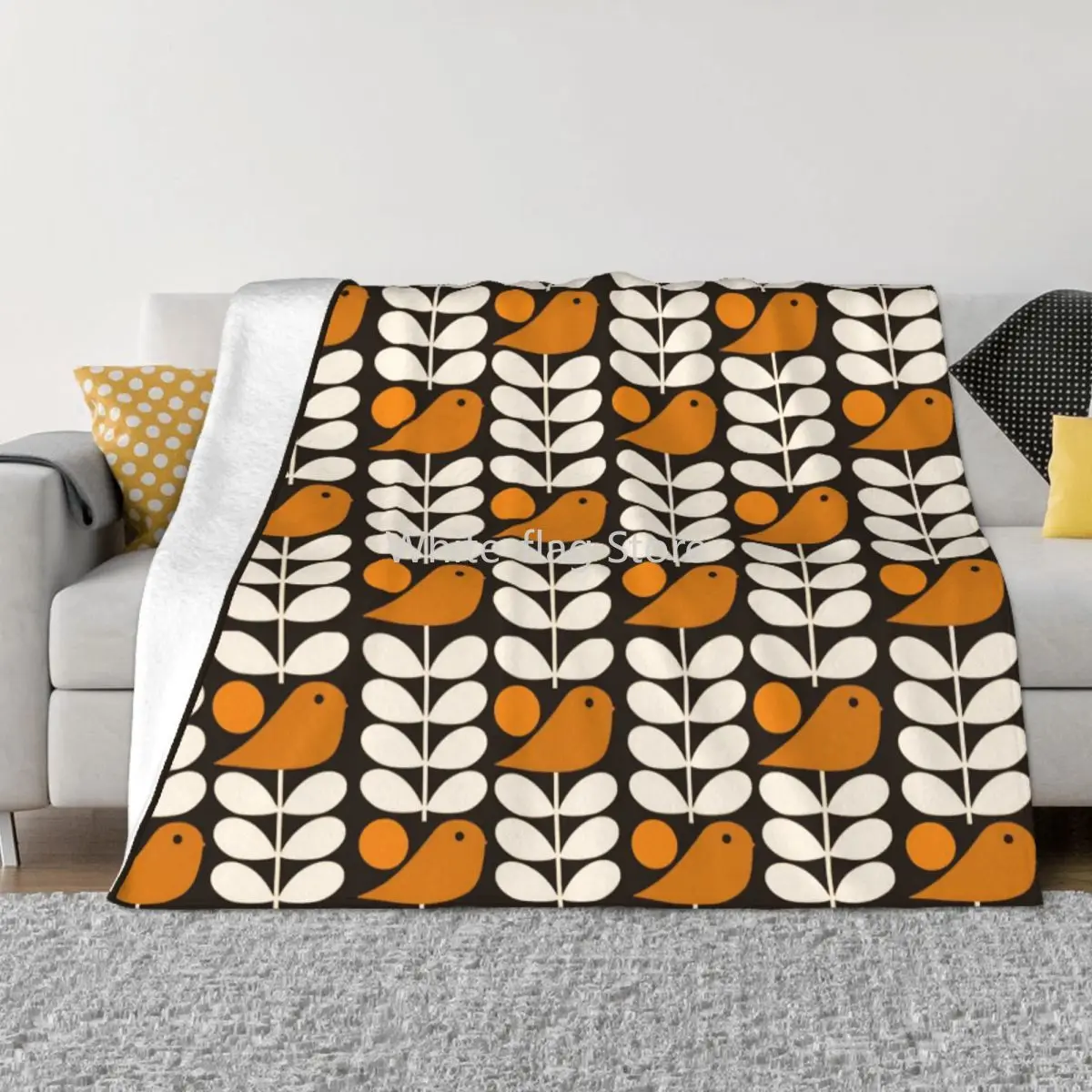 Multistem Birds Black White Orange Blanket Soft Flannel Fleece Warm Orla Kiely Scandi Throw Blankets for Home Bed Bedspreads