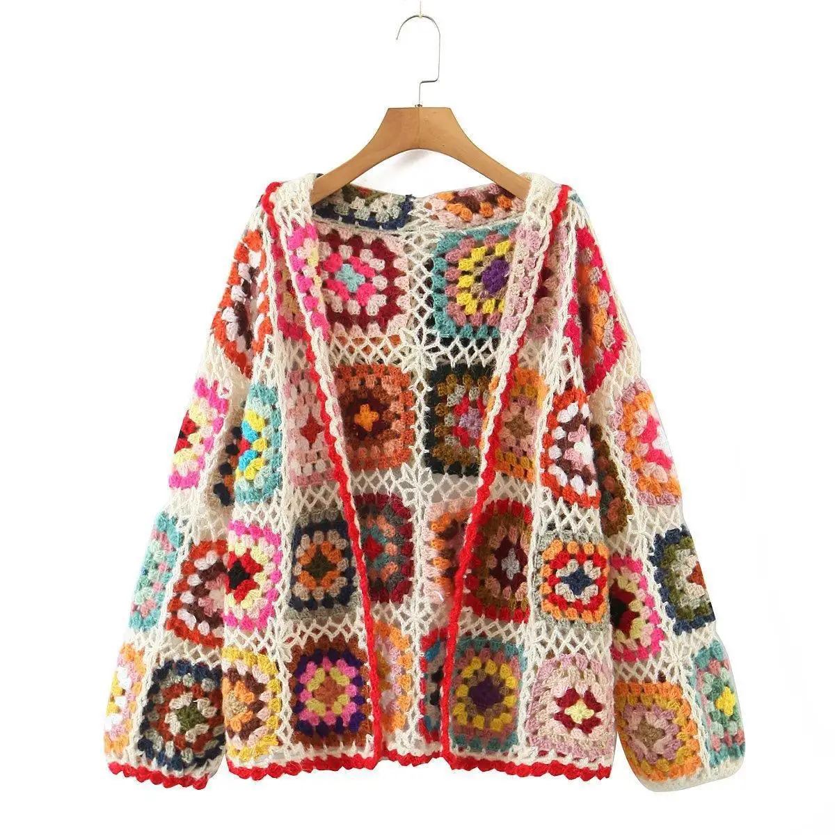 

Women Plaids Hollow Floral Crocheted Knitted Cardigan Handmade Hooded Flowers Sweater Coat with Hat Weave Hooded Jacket Knitwear