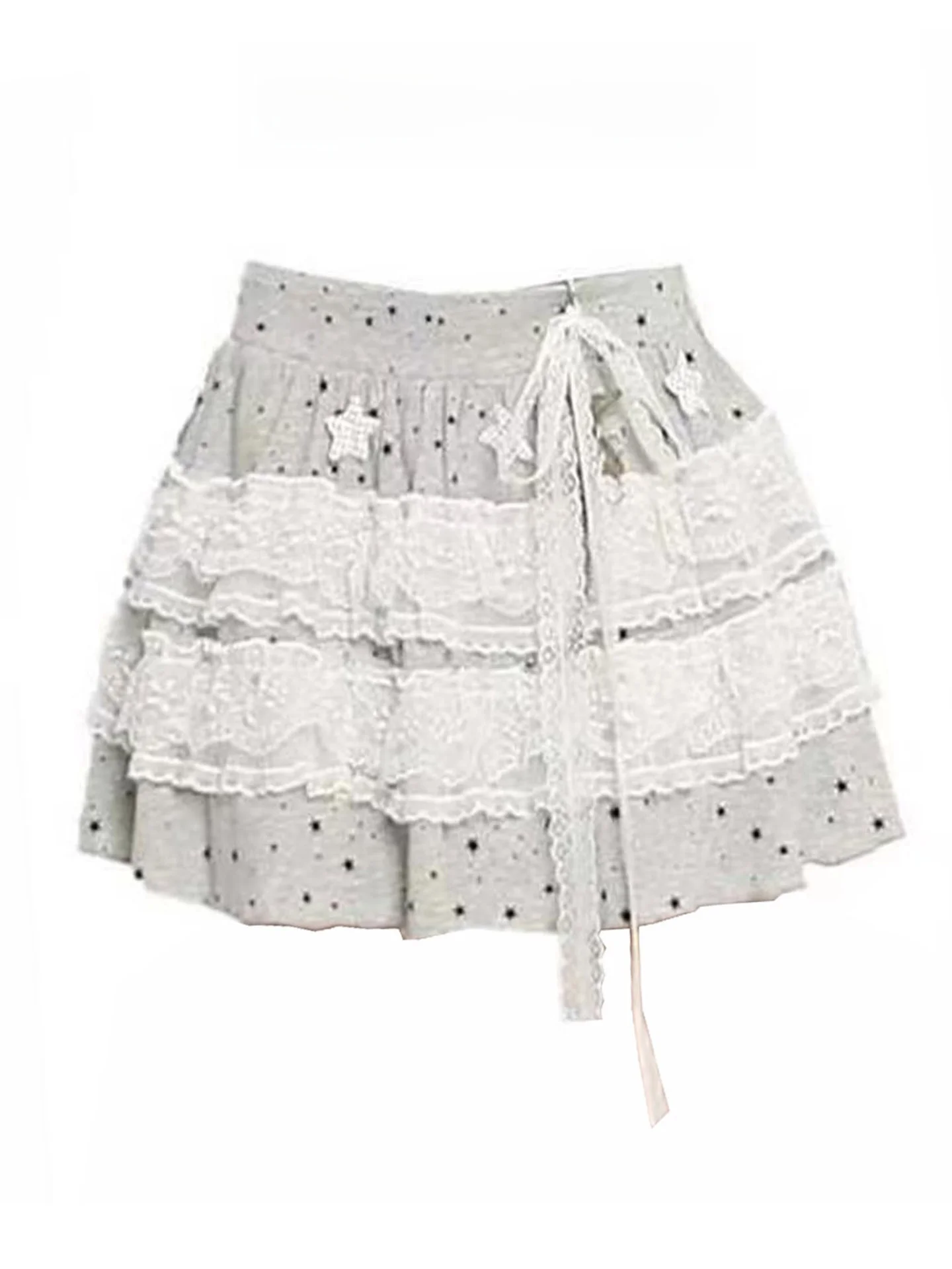 Y2K Spliced Lace Star Pattern Pleated  Skirt Women's Summer Half-length Fluffy Short Skirt Cake Skirt High Waist Gored Skirt