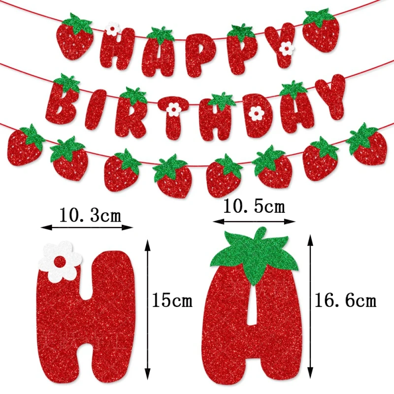 Aardbei Happy Birthday Cake Vlaggen Aardbei Banner Cupcake Topper Fruit Kids Sweety Party Cake Bakken Decor Diy