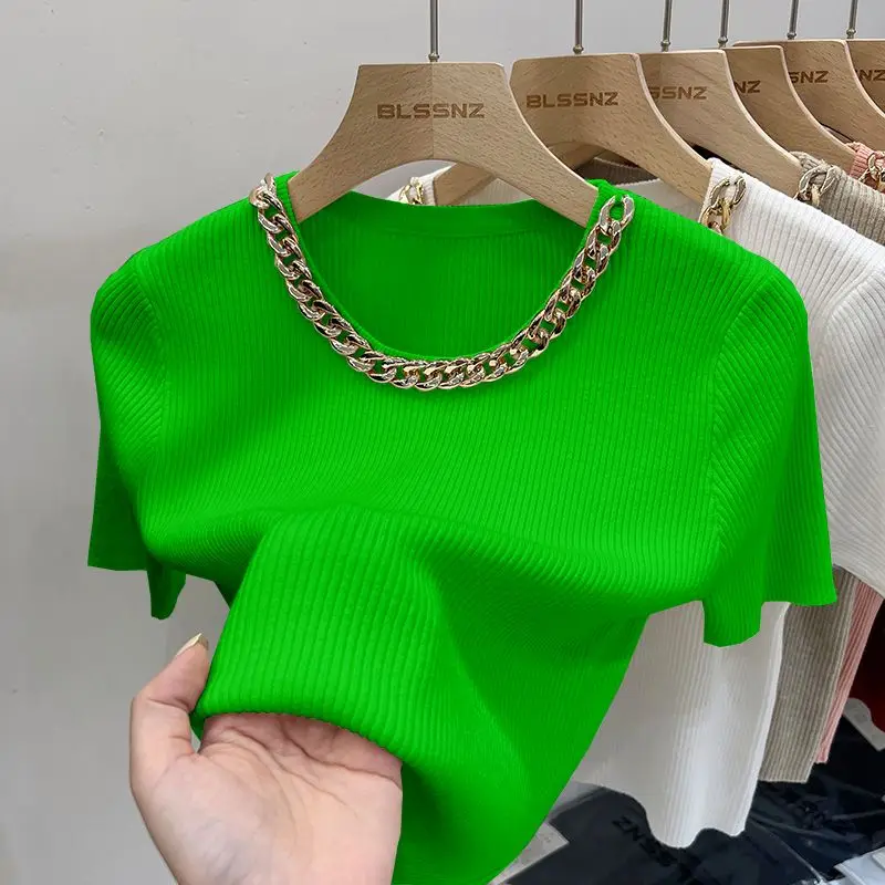 Neploe High End Short Sleeve Knitted T-Shirt 2024 Summer French Office Lady Style Westernized Tops Femme Chic Chain Neck Tees