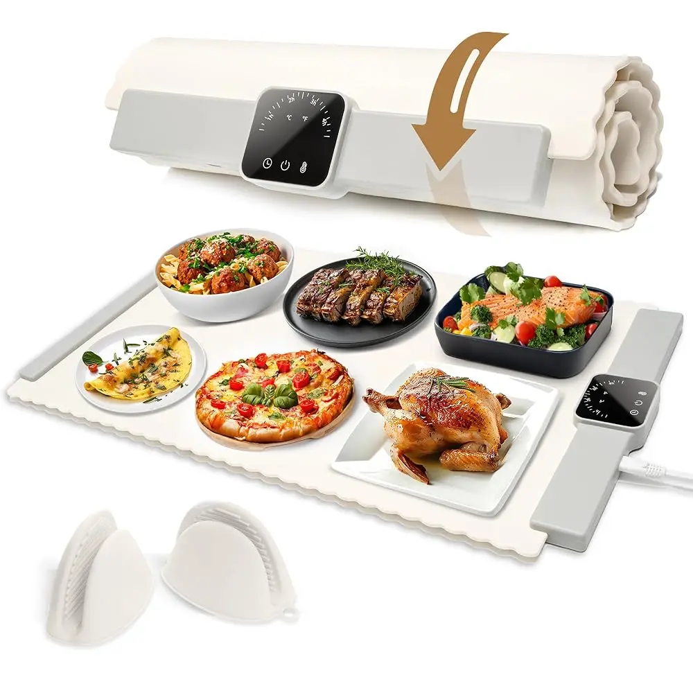 

Warming Mat For Food – 24X15” Foldable Buffet Tray With 5 Temperature Settings & Auto Timer – Electric Silicone Plate Warmer