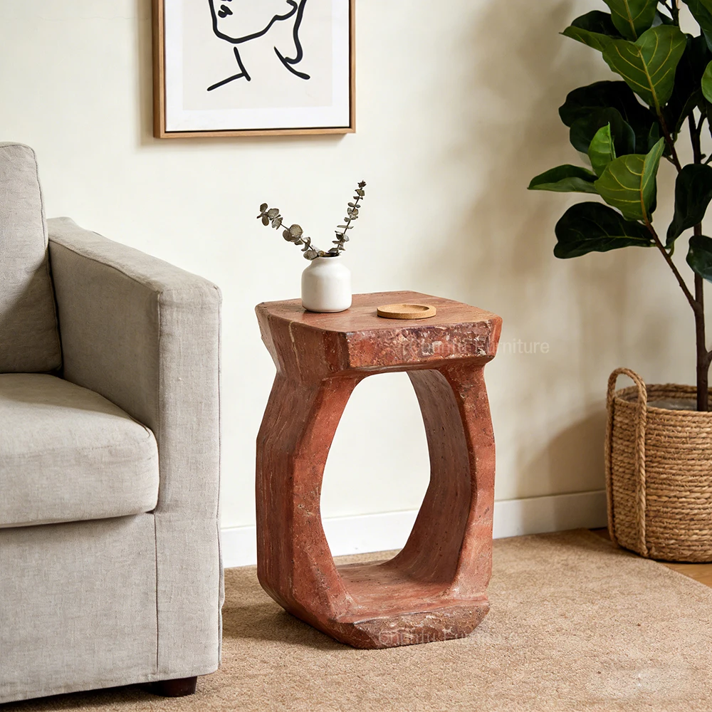 Premium natural red limestone coffee table with unique texture, modern design, suitable for living room furniture