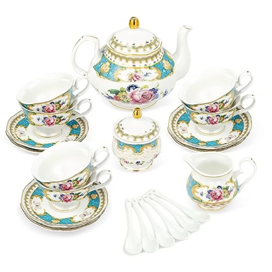

fanquare 21 Piece European Porcelain Tea Set Teal Cups and Saucers Service for 6 Blue Tea Gift Set for Adults