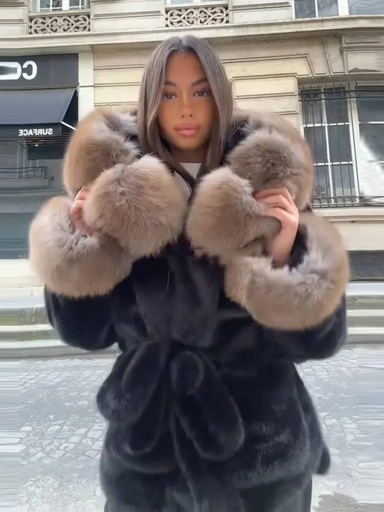 

Fashion Cotton Faux Fur Collar Jacket Women Furry Long Sleeve Belts Thicken Warm Coat 2025 Autumn Winter Lady Casual Outerwear