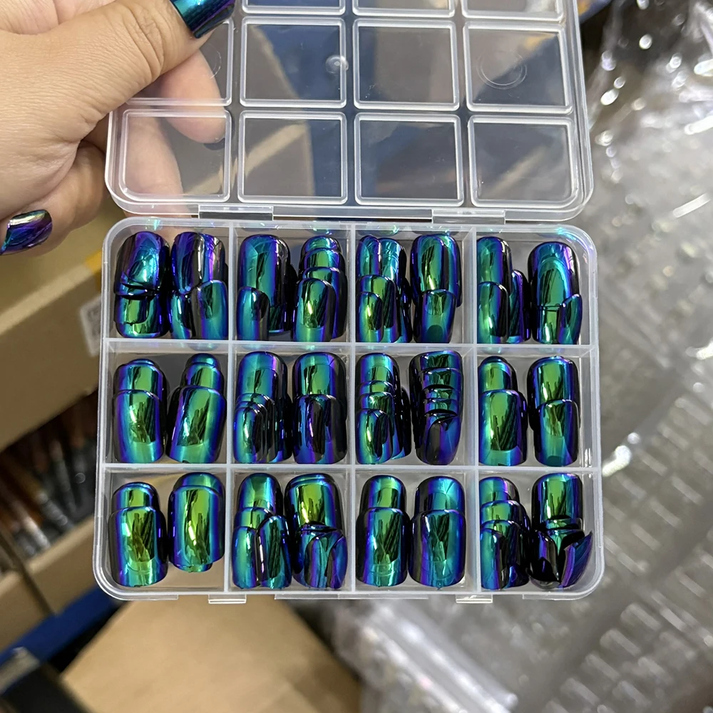 144Pcs/Box Green Mirror Chrome Press On Nails Short Square Holographic Plating Fake Nail Tips Chameleon Y2K Cool False Fingertip