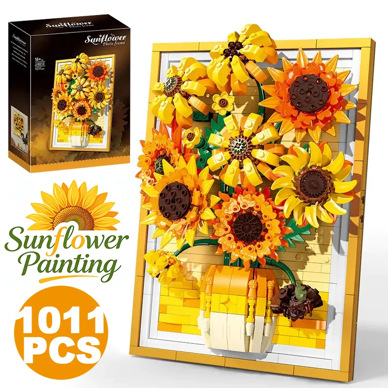 

Creative Van Gogh Sunflowers Bouquet Painting Building Blocks Flower Potted Plant Decoration Assemble Bricks Toy Girl Lady Gift