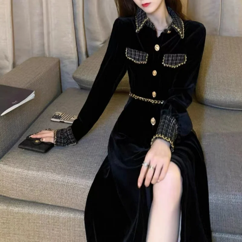 Autumn Elegance Simple Small Fragrance Dress Women Waist Closing Slim Polo Neck Button Long Sleeve High End Black Velvet Dresses