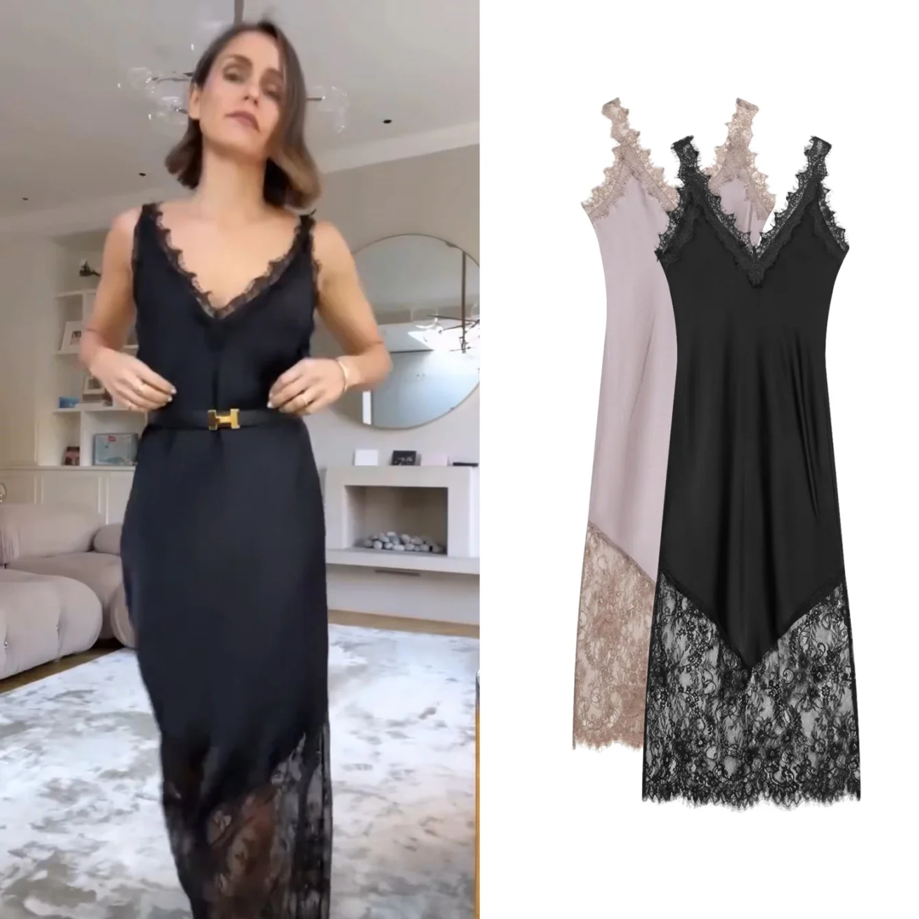 Damen Satin Spitze Patchwork Lange Kleider Sommer V-Ausschnitt Ärmellos Sexy Partykleid Schlankes Abendkleid Rückenfreie Kleider