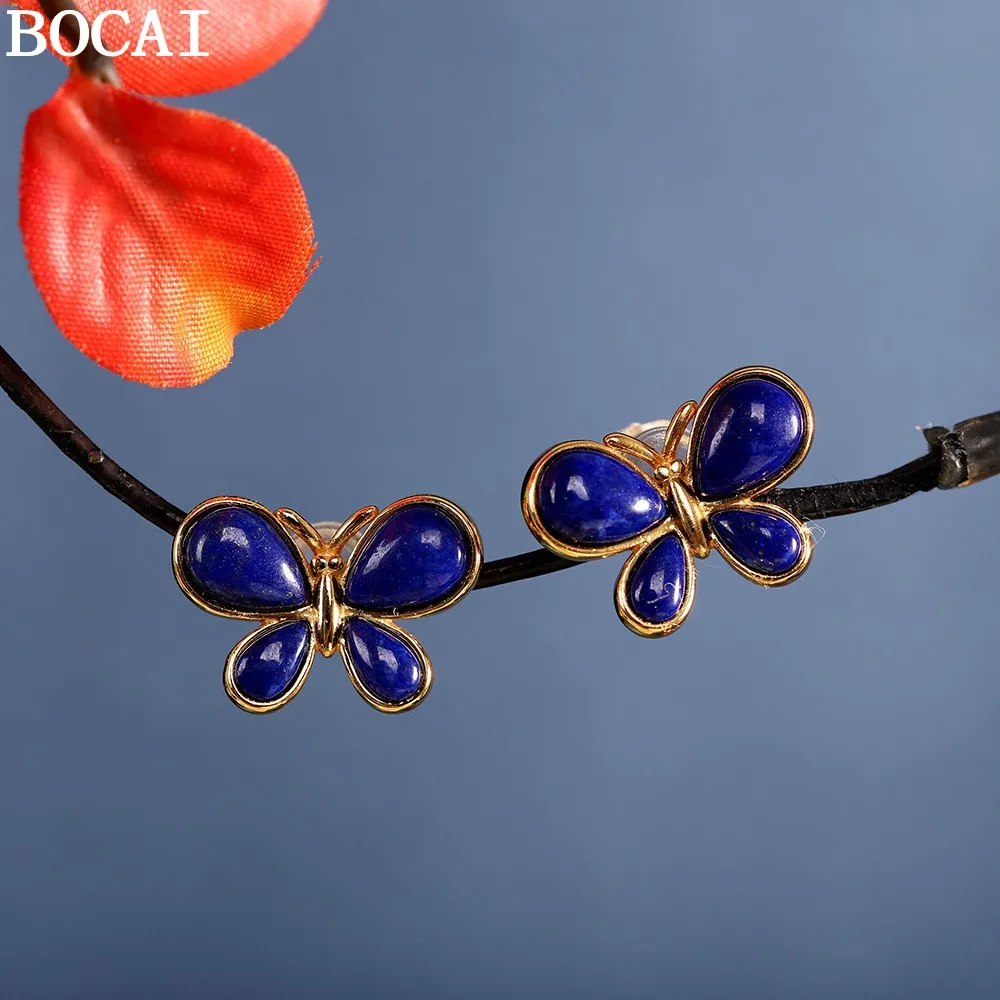 

Серьги-бабочки BOCAI S925 из серебра 925 пробы, позолоченные, в ретро-минималистичном стиле, с инкрустацией лазуритом и бирюзой