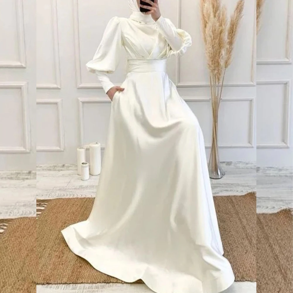 

Muslim Wedding Dresses High Neck Puff Sleeves Garden Bride Dress Hijab Pleat Bridal Gown Customized Muslimisches Abendkleid