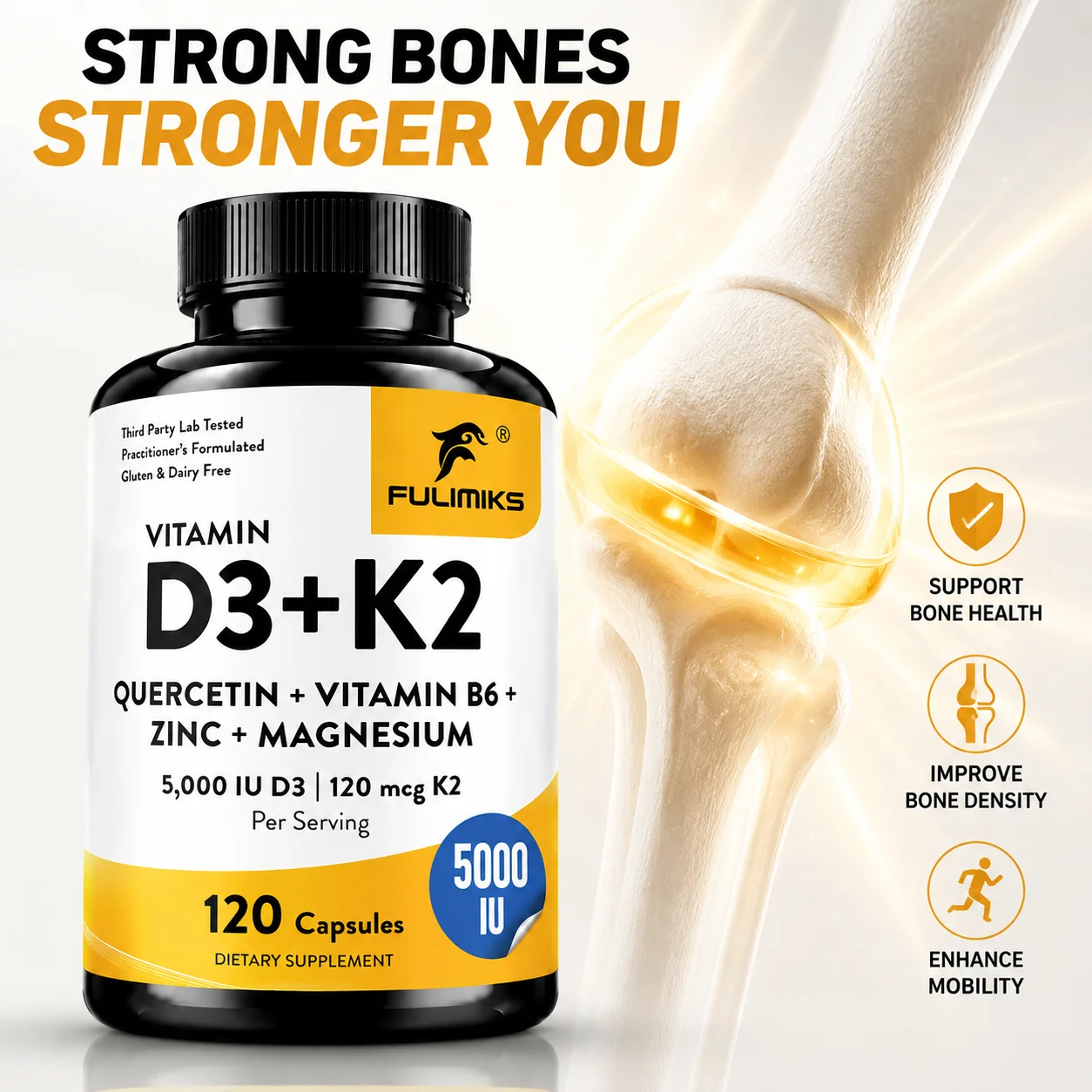 Vitamin D3 K2 Capsules 5000IU D3 120mcg K2 with Quercetin B6 Zinc Magnesium Support Bone Joint Teeth Health, Antioxidant, Immune