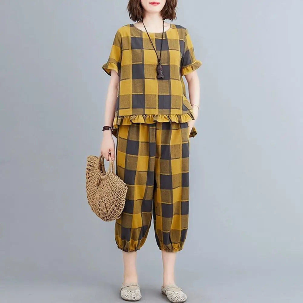 Women Two Piece Set Stylish Plus Size Plaid Lounge Set for Women Short Sleeve Top Tracksuit Pants Ensemble Summer Outfit Loose