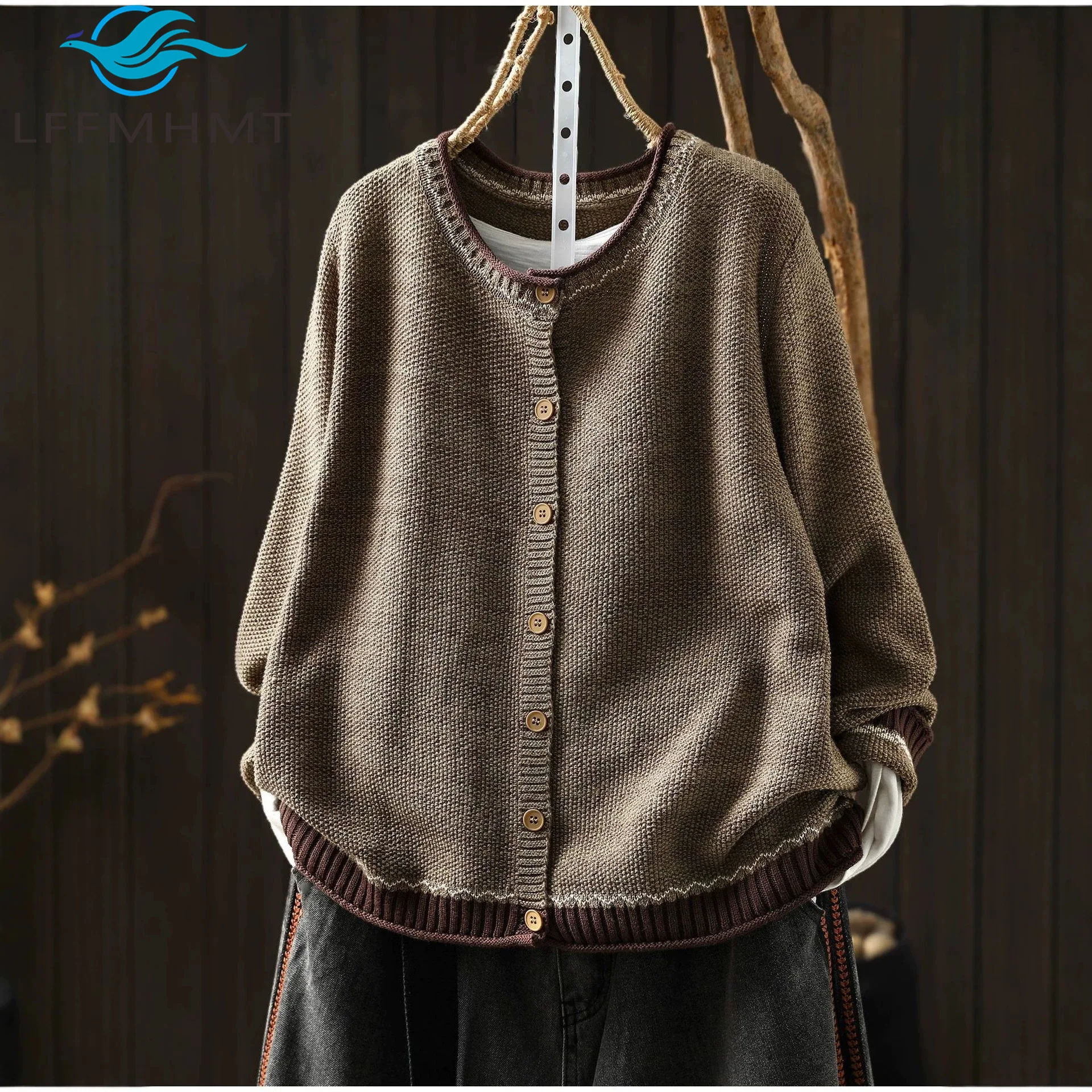 Women Literary Cotton Knit Cardigan Color Block Crew Neck Long Sleeve Vintage Loose Layering Sweater Outerwear Fall Trendy