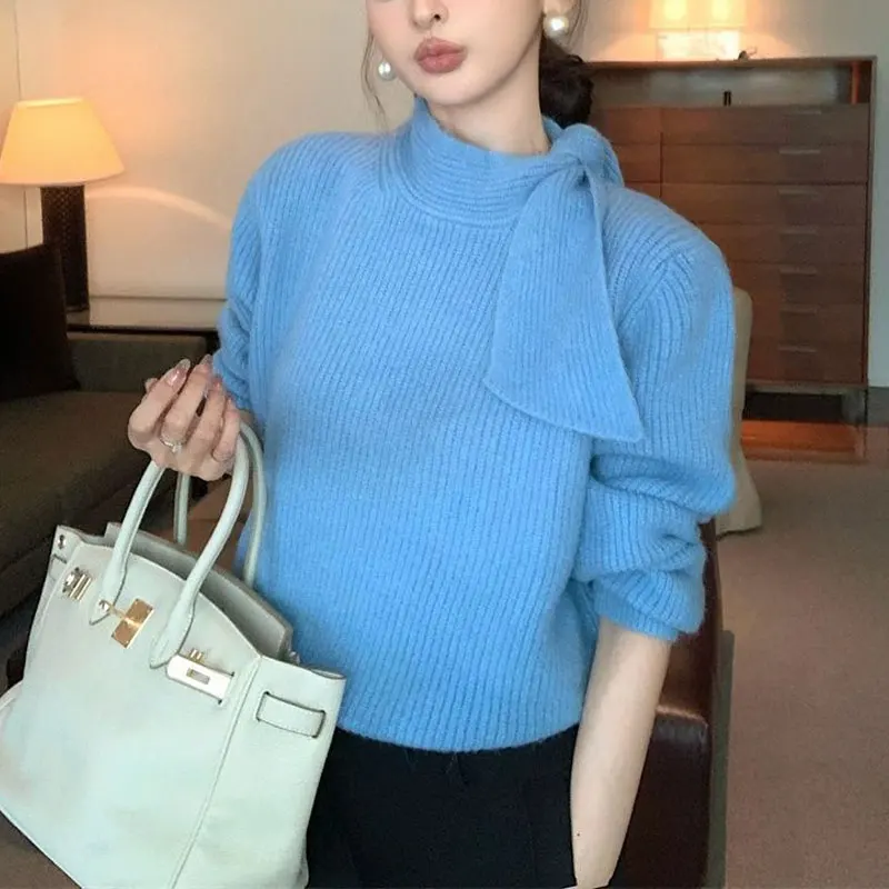 

Bandage Stand Collar Sweaters Female Clothing Solid Color Loose Autumn Winter New Basic Long Sleeve Commute Aura Knitted Jumpers