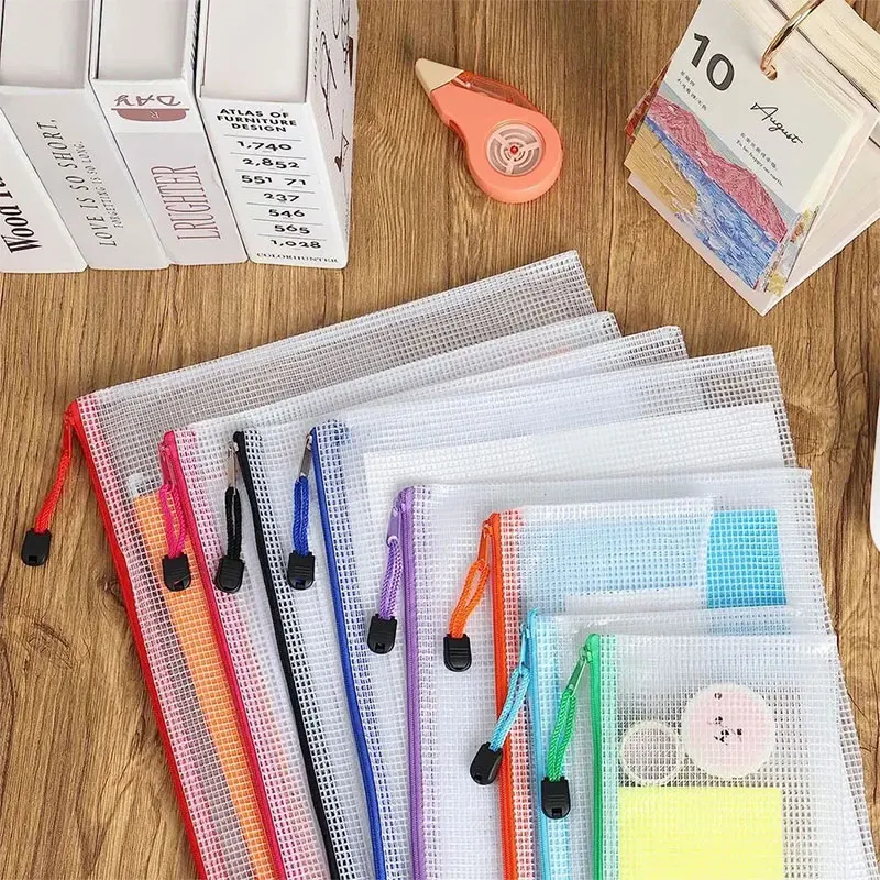 5PCS A3/A4/A5/A6 Mesh Zipper Pouch Document Bag Waterproof Zip File Folders Pencil Case Storage Bags School Office Supplies