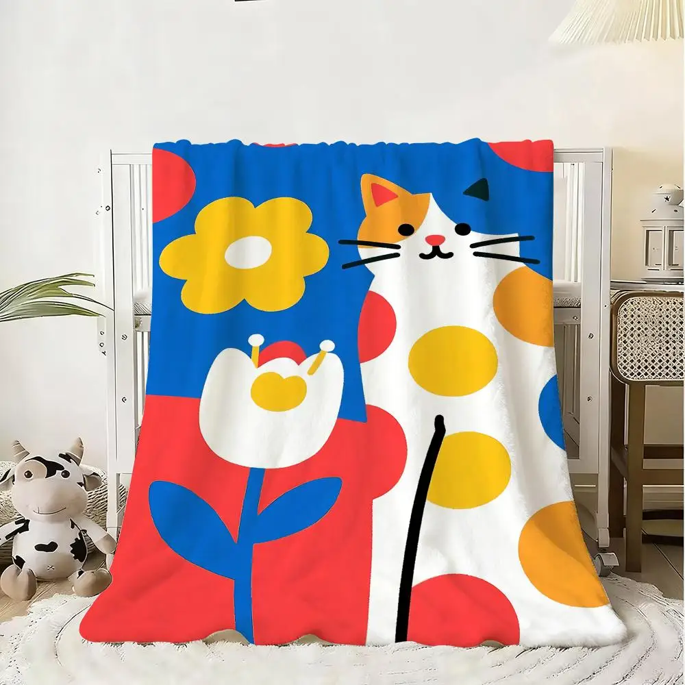 Selimut Lembut Berbulu Motif Kucing Kartun Lucu, Selimut Hangat Ramah Kulit untuk Sofa, Tempat Tidur, Kantor, Tidur Siang, Musim Dingin