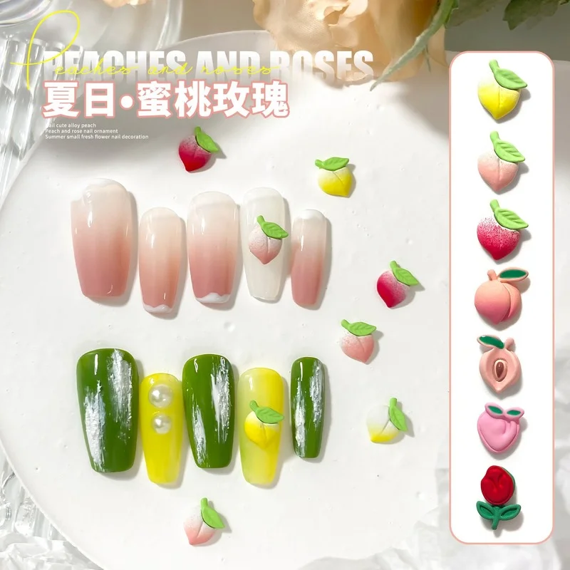 10Pcs Summer Nail Art Designs Charms Multi-Shapes Peach Rose Metal Mini Nail Stones Gems For Kawaii Nail Art 3D DIY Supplies