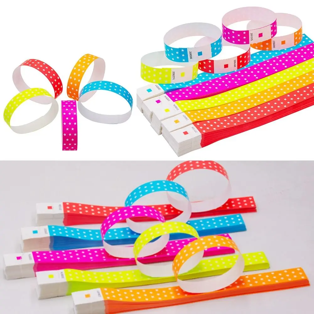 100Pcs Fluorescent Color Disposable Wrist Strap Waterproof Star Paper Fluorescence Wristbands with Sticky Synthetic Paper