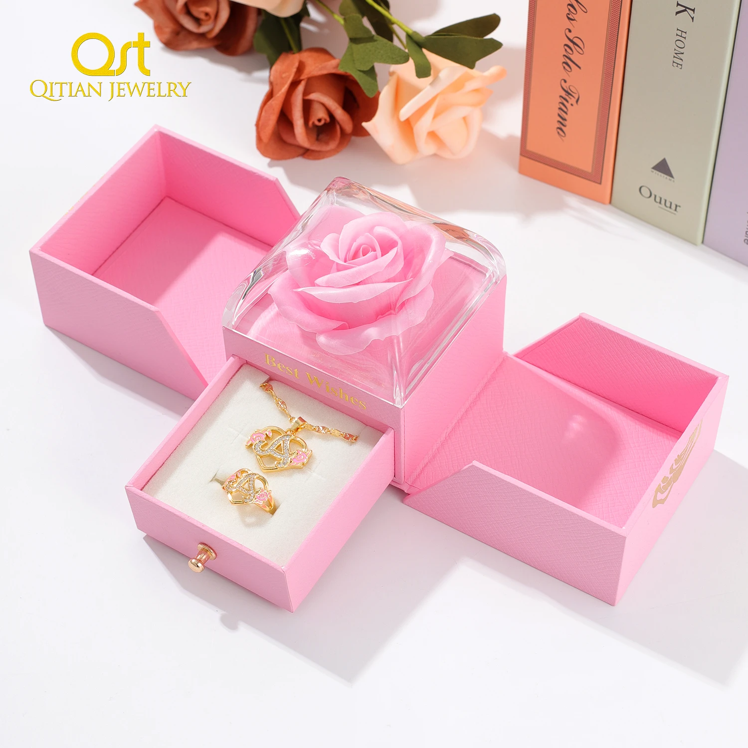 

Qitian Mother's Day Gift Custom Initials Heart Ring For Women Fashion Crystal Necklace Jewelry Personalized Sets Adjustable