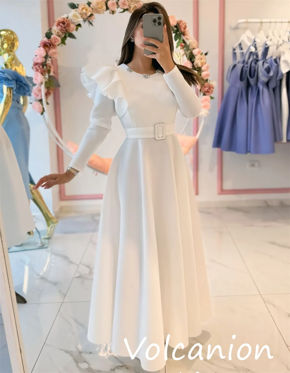 맞춤형 파스텔 유니섹스 저지 스팽글 새시 A라인 스쿱넥 미디 드레스 맞춤 제작 행사 심플