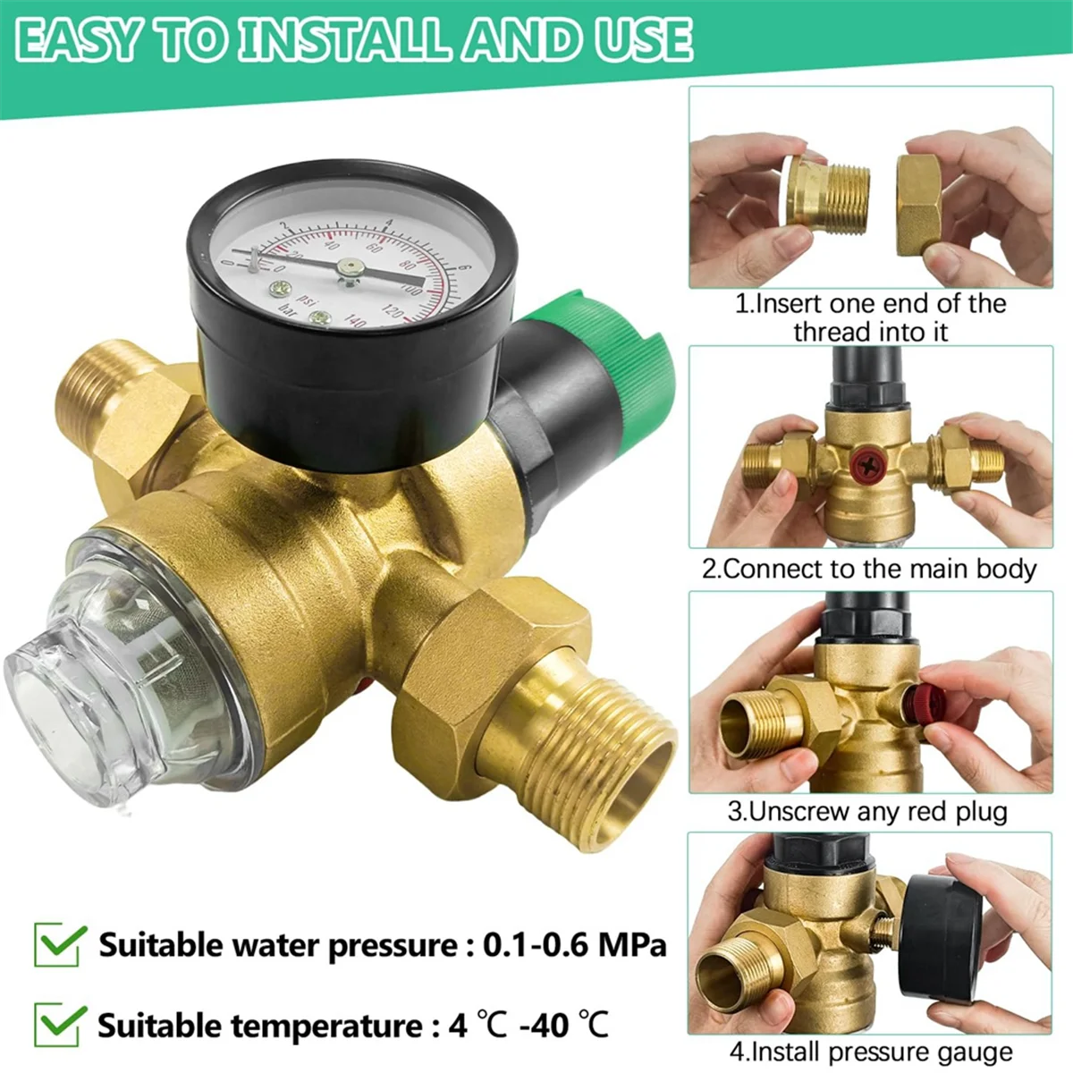 Pressure Regulator Water 3/4 Inch, Water Pressure Regulator with Water Pressure Gauge and Mesh Filter