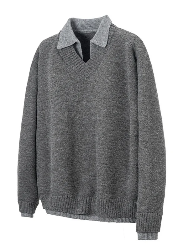 

Korean Sle Men's Knitted Sweater Pure Color irt Collar Design Casual V-Ne Long Sve Top Faionable Youthwear