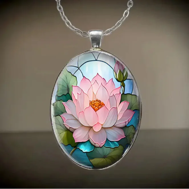 Oval Shaped Glass Pendant Necklace with Lotus Pattern, A Romantic and Fashionable Glass Accessory
