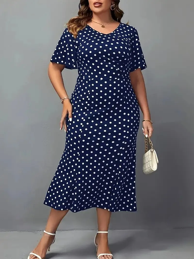 GIBSIE Plus Size Vintage Polka Dot Mermaid Hem Dress Women 2024 Summer V-neck Short Sleeve Office Ladies Elegant Long Dresses