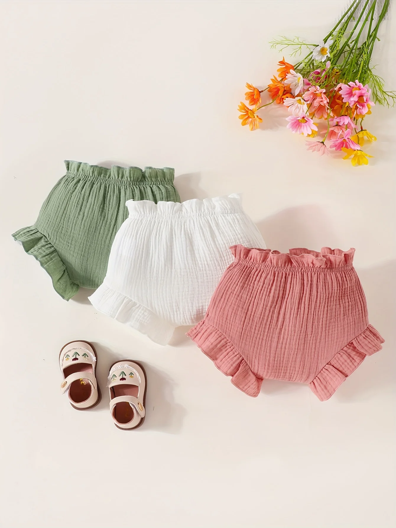 3-Piece Summer Cute Baby Girl Climbing Pants Comfortable Breathable Shorts Newborn Baby Casual Solid Cotton Color Pants