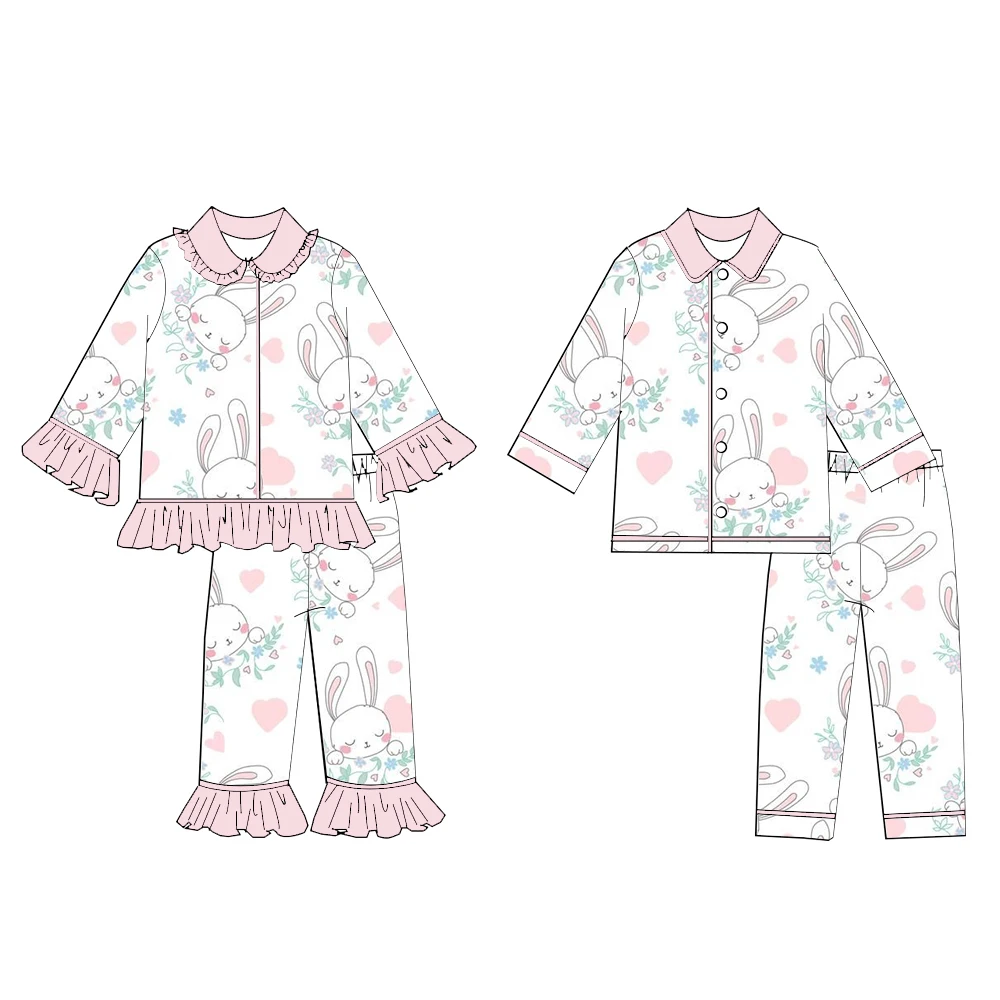 Selected high-quality children's pajama sets featuring rabbit butterfly and floral print long-sleeved collared pants wholesale