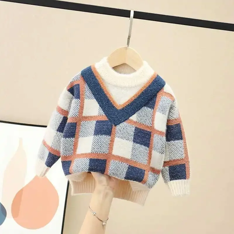 Patchwork xadrez infantil meia gola alta manga comprida pulôver, suéteres fofos de menino, top de roupas infantis, tendência da moda, outono, inverno